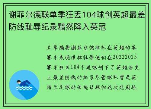 谢菲尔德联单季狂丢104球创英超最差防线耻辱纪录黯然降入英冠