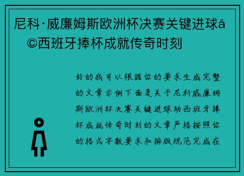 尼科·威廉姆斯欧洲杯决赛关键进球助西班牙捧杯成就传奇时刻 尼科·威廉姆斯欧洲杯决赛关键进球助西班牙捧杯成就传奇时刻