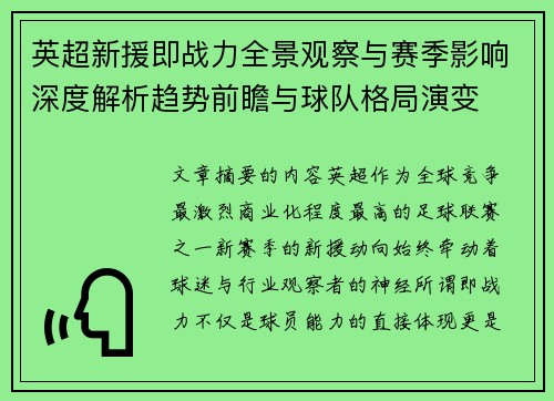 英超新援即战力全景观察与赛季影响深度解析趋势前瞻与球队格局演变 英超新援即战力全景观察与赛季影响深度解析趋势前瞻与球队格局演变